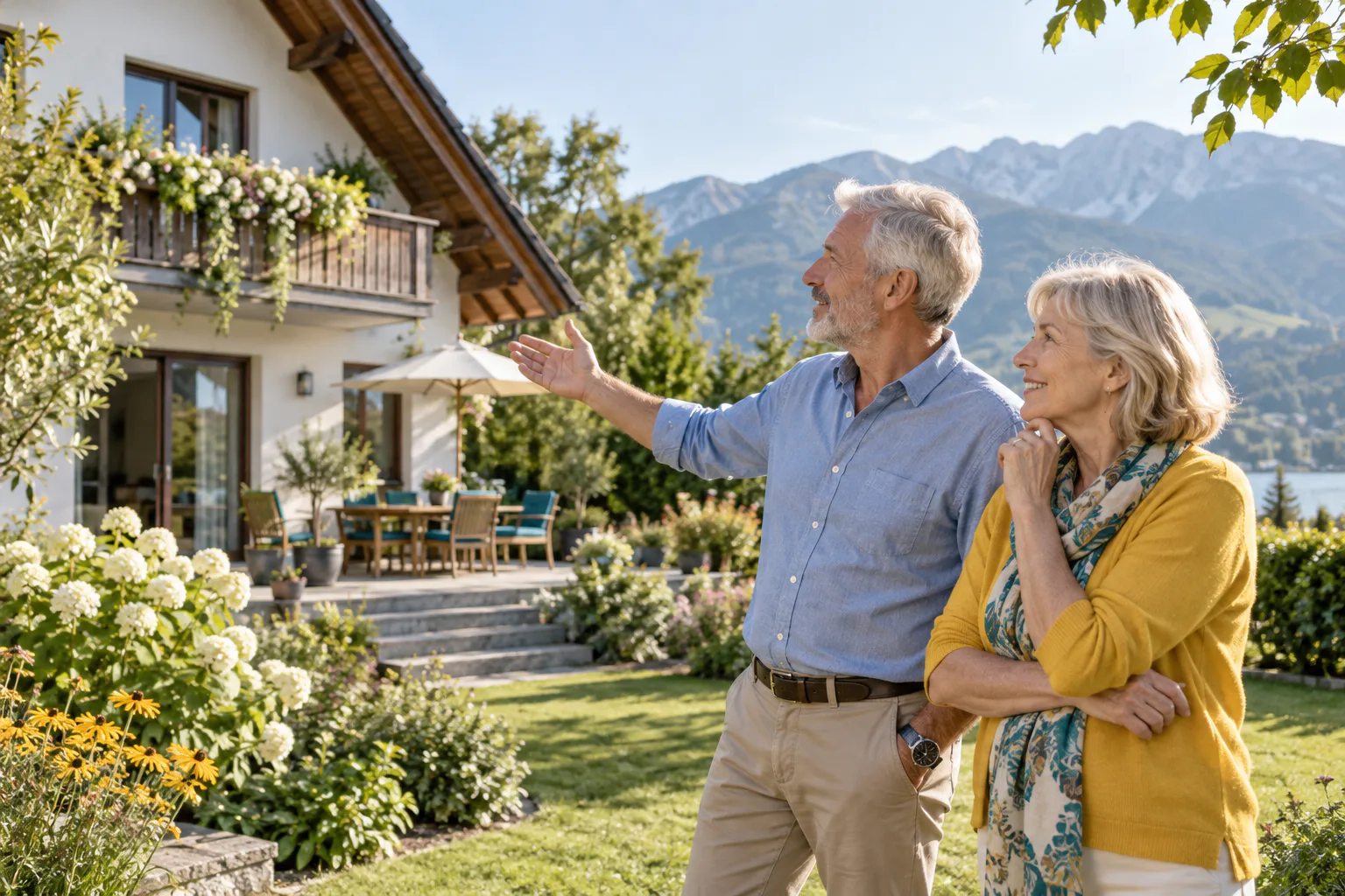 Älteres Paar betrachtet gemeinsam sein Haus und den Garten